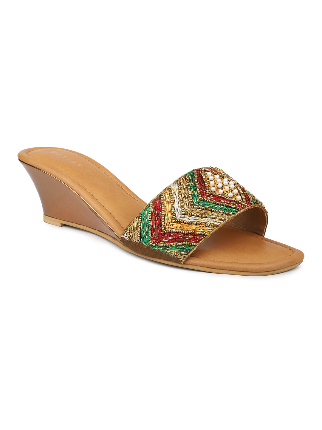 Hand Embrioded Slide Sandal On Metallic Wedges