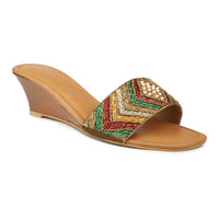 Hand Embrioded Slide Sandal On Metallic Wedges