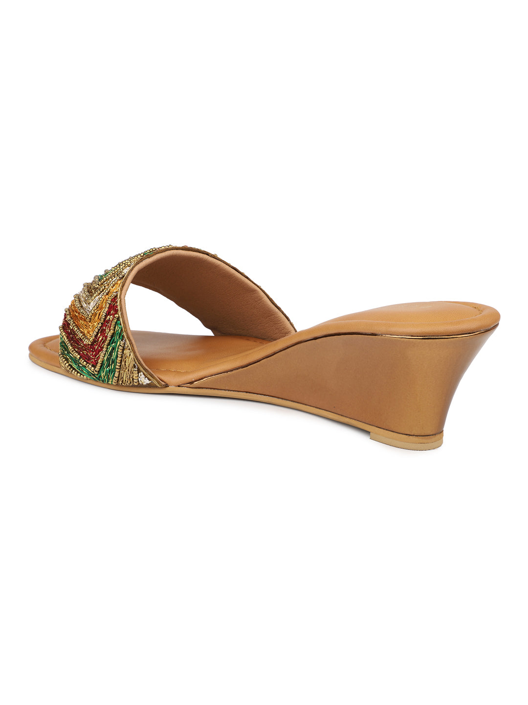 Hand Embrioded Slide Sandal On Metallic Wedges