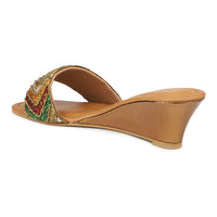 Hand Embrioded Slide Sandal On Metallic Wedges
