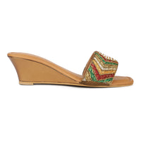 Hand Embrioded Slide Sandal On Metallic Wedges