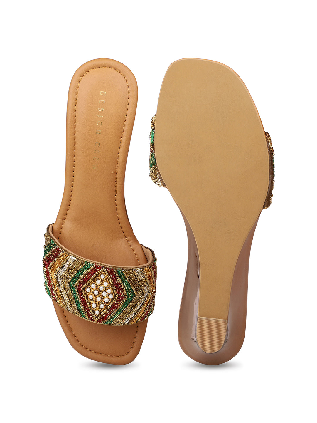 Hand Embrioded Slide Sandal On Metallic Wedges