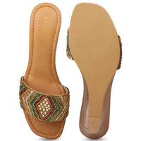 Hand Embrioded Slide Sandal On Metallic Wedges
