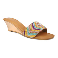 Hand Embrioded Slide Sandal On Metallic Wedges