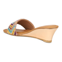 Hand Embrioded Slide Sandal On Metallic Wedges