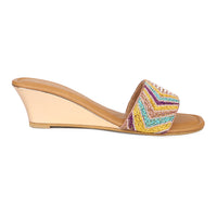 Hand Embrioded Slide Sandal On Metallic Wedges