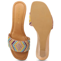 Hand Embrioded Slide Sandal On Metallic Wedges