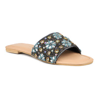Hand Embriodered Slide Sandal With Rinestone Flower Pattern
