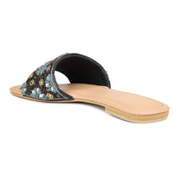 Hand Embriodered Slide Sandal With Rinestone Flower Pattern