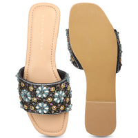 Hand Embriodered Slide Sandal With Rinestone Flower Pattern