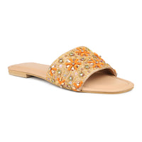 Hand Embriodered Slide Sandal With Rinestone Flower Pattern