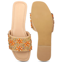 Hand Embriodered Slide Sandal With Rinestone Flower Pattern