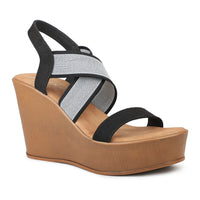 Crisscross Elastic Ankle Strap Sandal on a Platform Heel