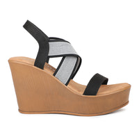 Crisscross Elastic Ankle Strap Sandal on a Platform Heel