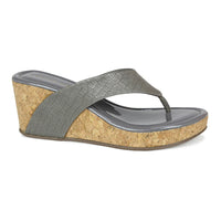 Crocodile Printes Thong Sandal On A Cork Covered Wedge