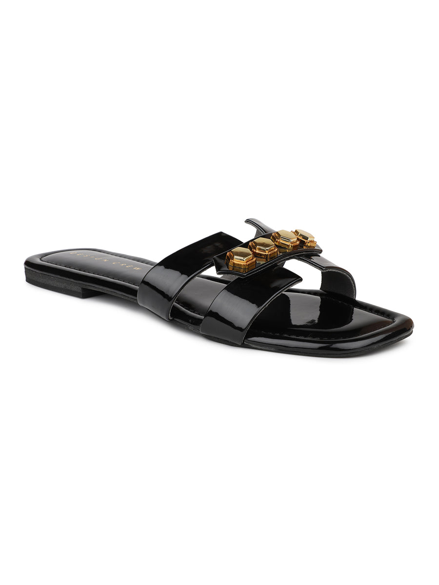 Classic H Syle Slide Sandal With Metal Trims
