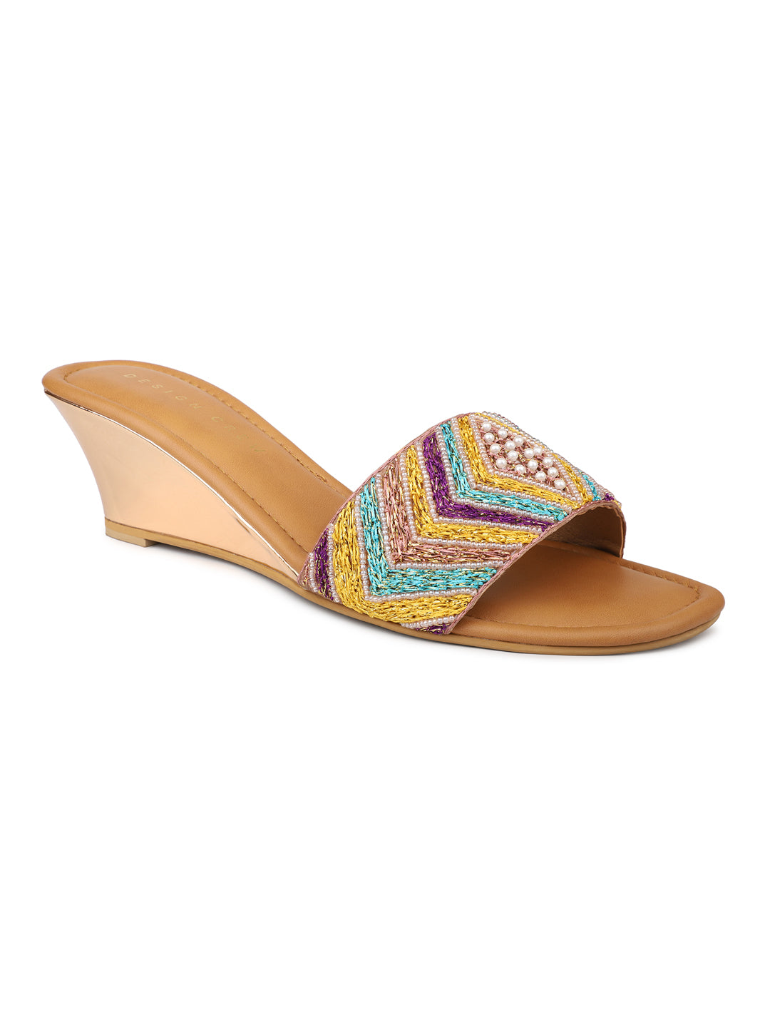 Hand Embrioded Slide Sandal On Metallic Wedges