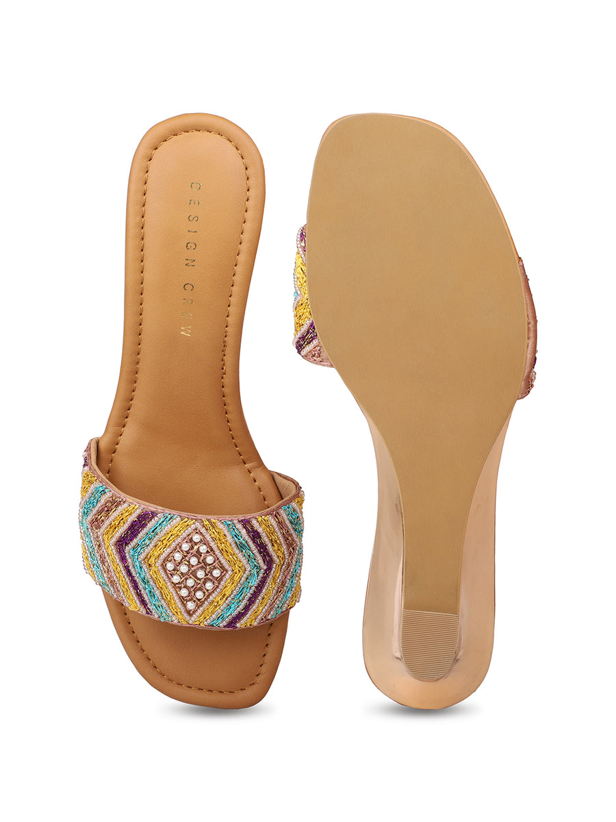 Hand Embrioded Slide Sandal On Metallic Wedges