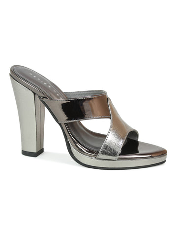 Silver Black Heel Sandal | Block Heel Slide Sandal | Design Crew