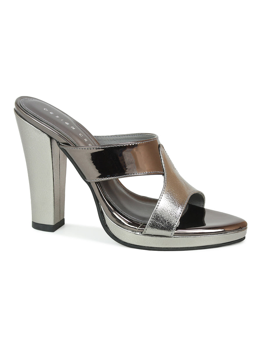 Silver Black Heel Sandal | Block Heel Slide Sandal | Design Crew