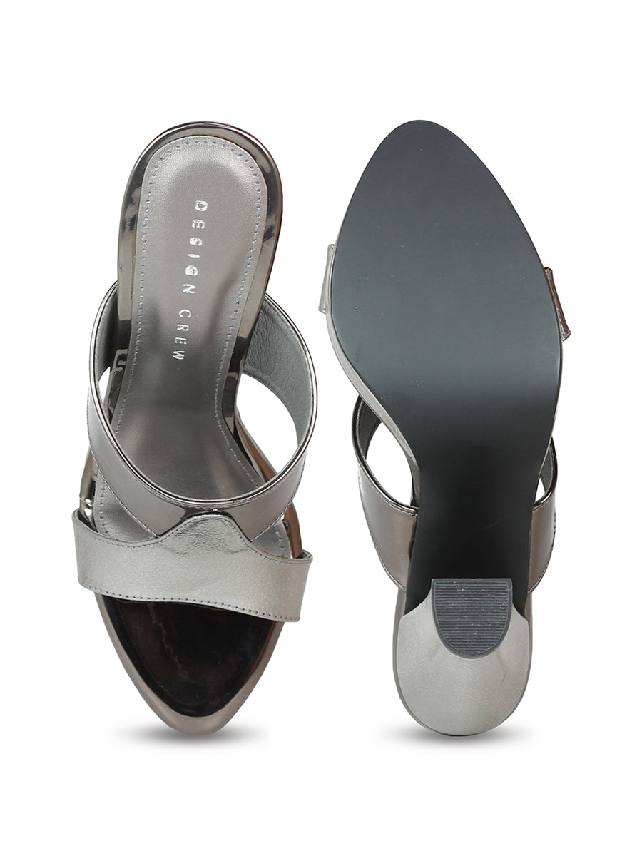 Silver Black Heel Sandal | Block Heel Slide Sandal | Design Crew