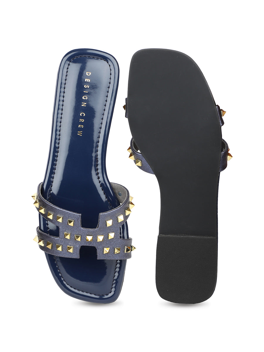 Classic H Syle Slide Sandal With Gold Studs