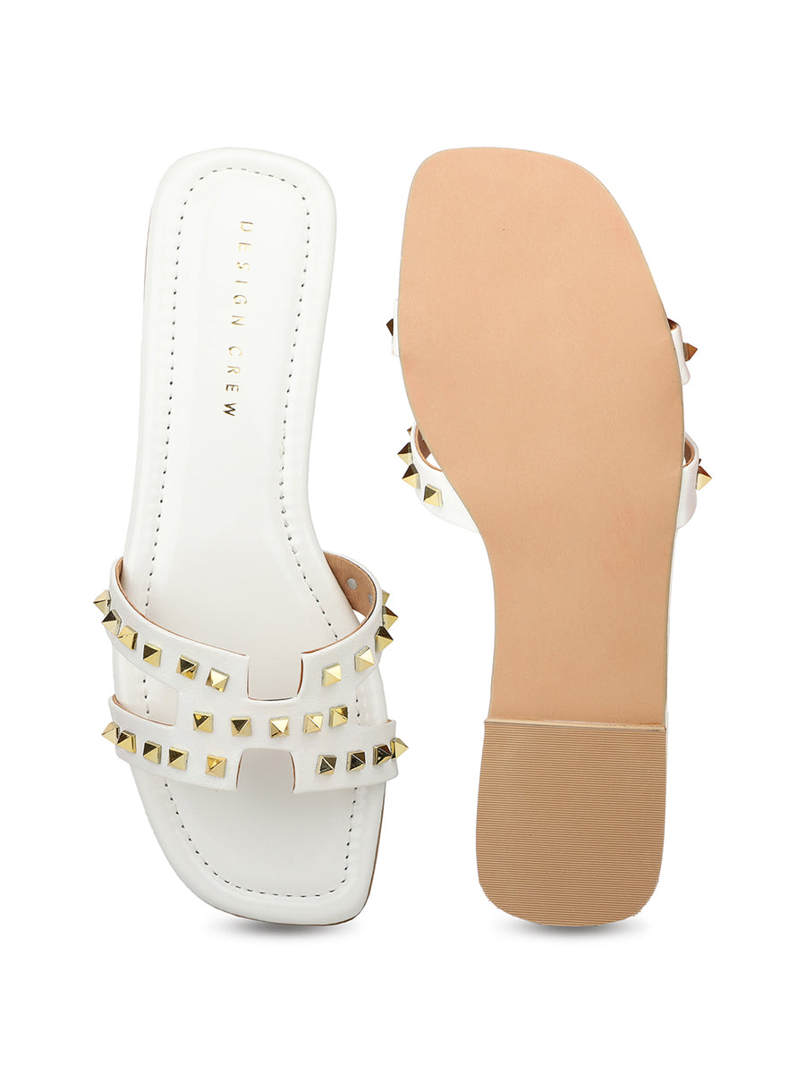 Classic H Syle Slide Sandal With Gold Studs