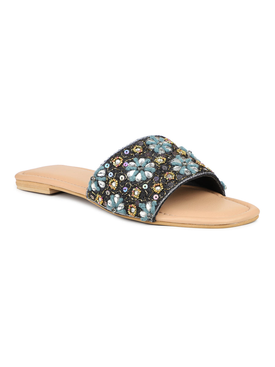 Hand Embriodered Slide Sandal With Rinestone Flower Pattern
