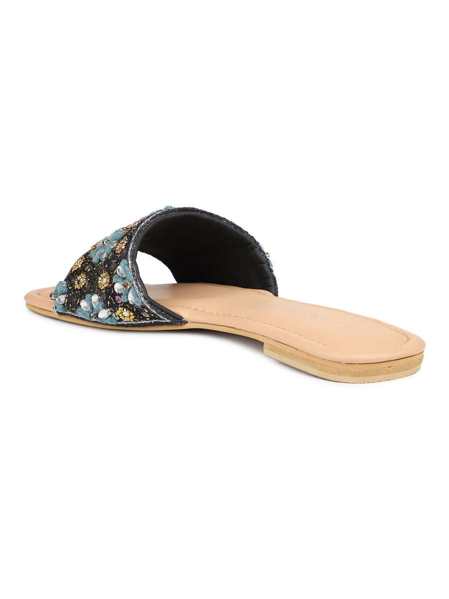 Hand Embriodered Slide Sandal With Rinestone Flower Pattern