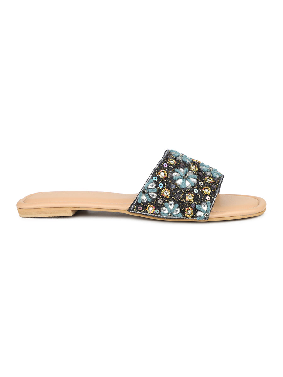 Hand Embriodered Slide Sandal With Rinestone Flower Pattern