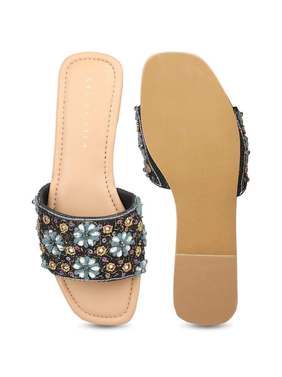 Hand Embriodered Slide Sandal With Rinestone Flower Pattern