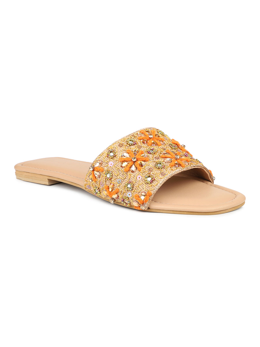 Hand Embriodered Slide Sandal With Rinestone Flower Pattern