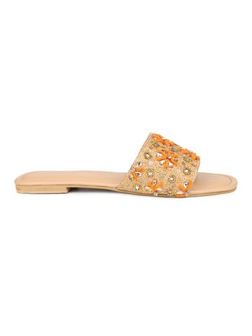 Hand Embriodered Slide Sandal With Rinestone Flower Pattern