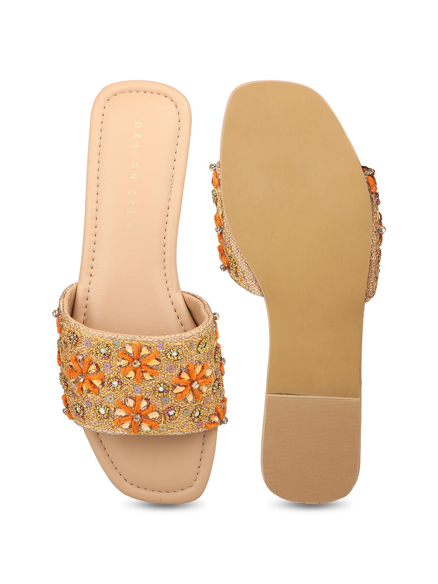 Hand Embriodered Slide Sandal With Rinestone Flower Pattern