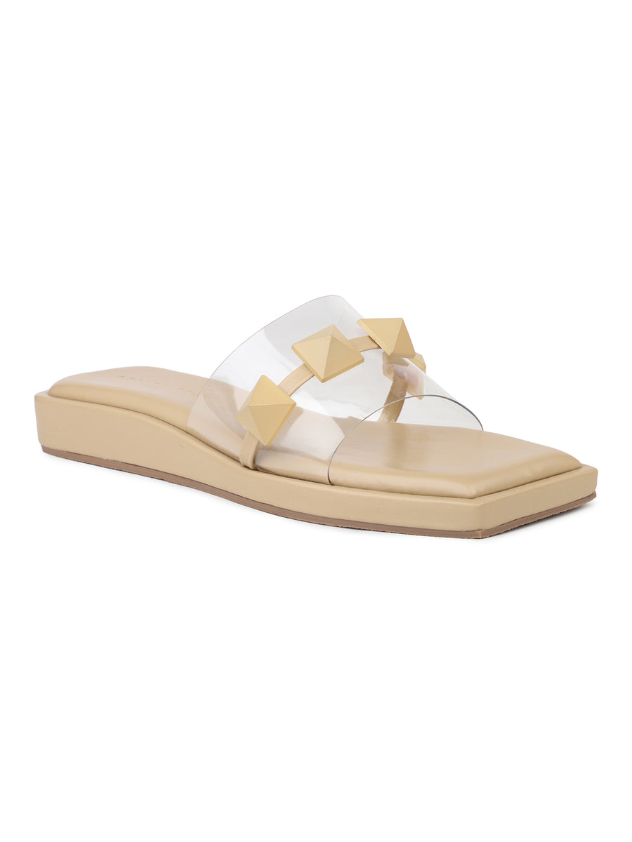 Pastel coloured Flatforms With Matching Pyramid Trims on Transparent Upper