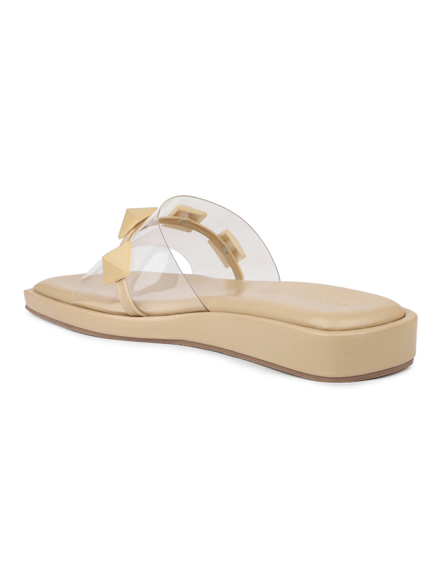 Pastel coloured Flatforms With Matching Pyramid Trims on Transparent Upper