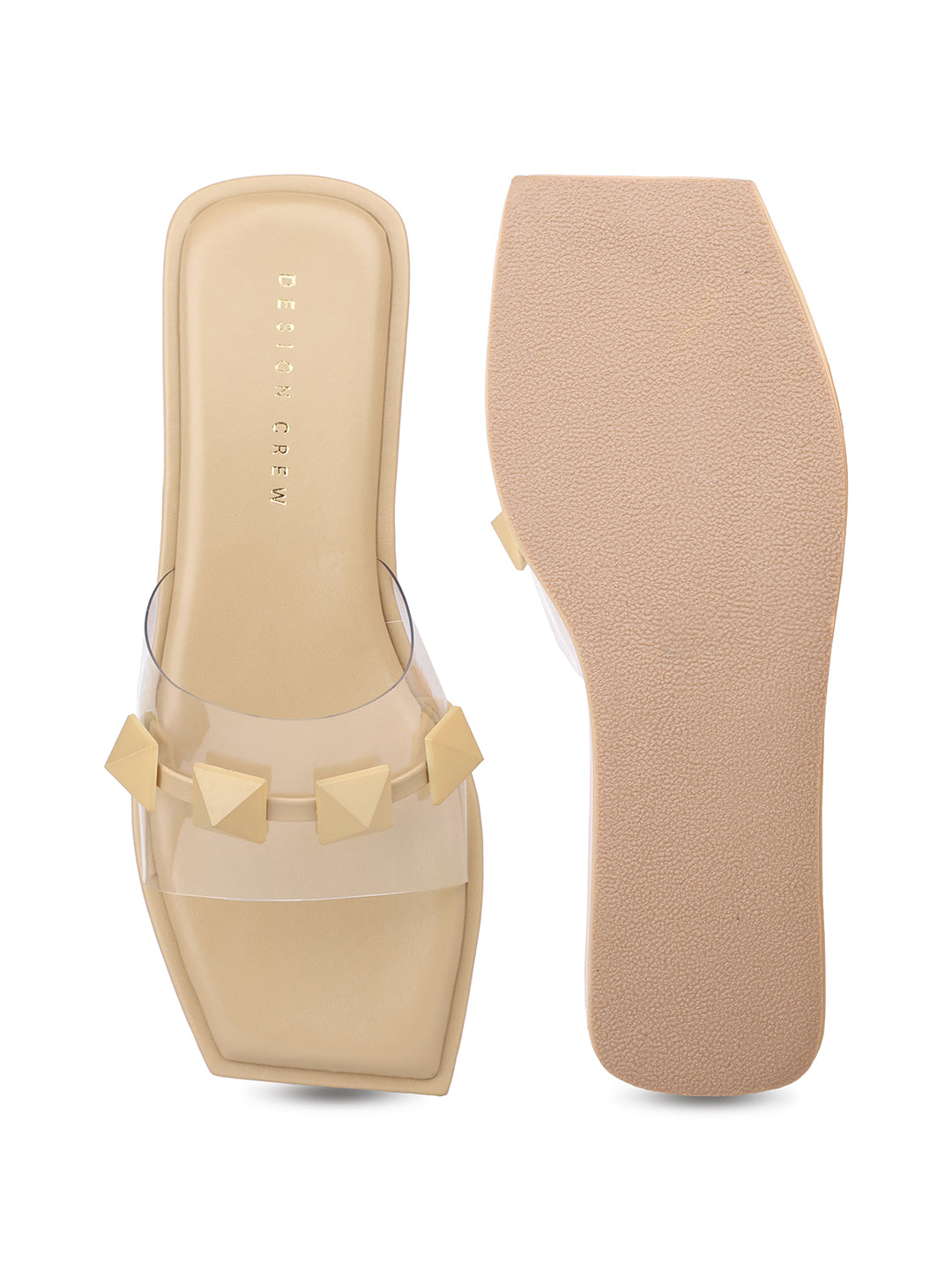 Pastel coloured Flatforms With Matching Pyramid Trims on Transparent Upper