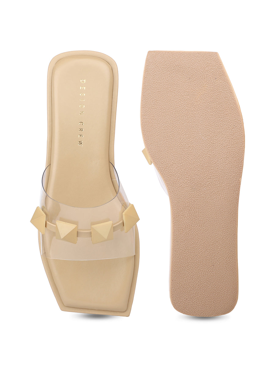 Pastel coloured Flatforms With Matching Pyramid Trims on Transparent Upper