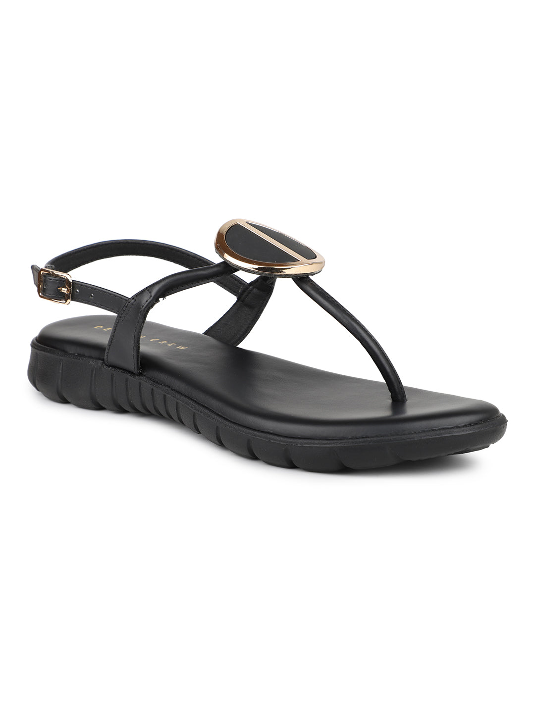 Casual Thong Ankle Strap Sandal With Round Golden Trim