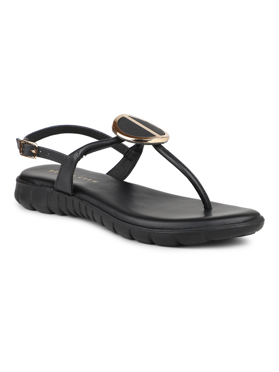Casual Thong Ankle Strap Sandal With Round Golden Trim