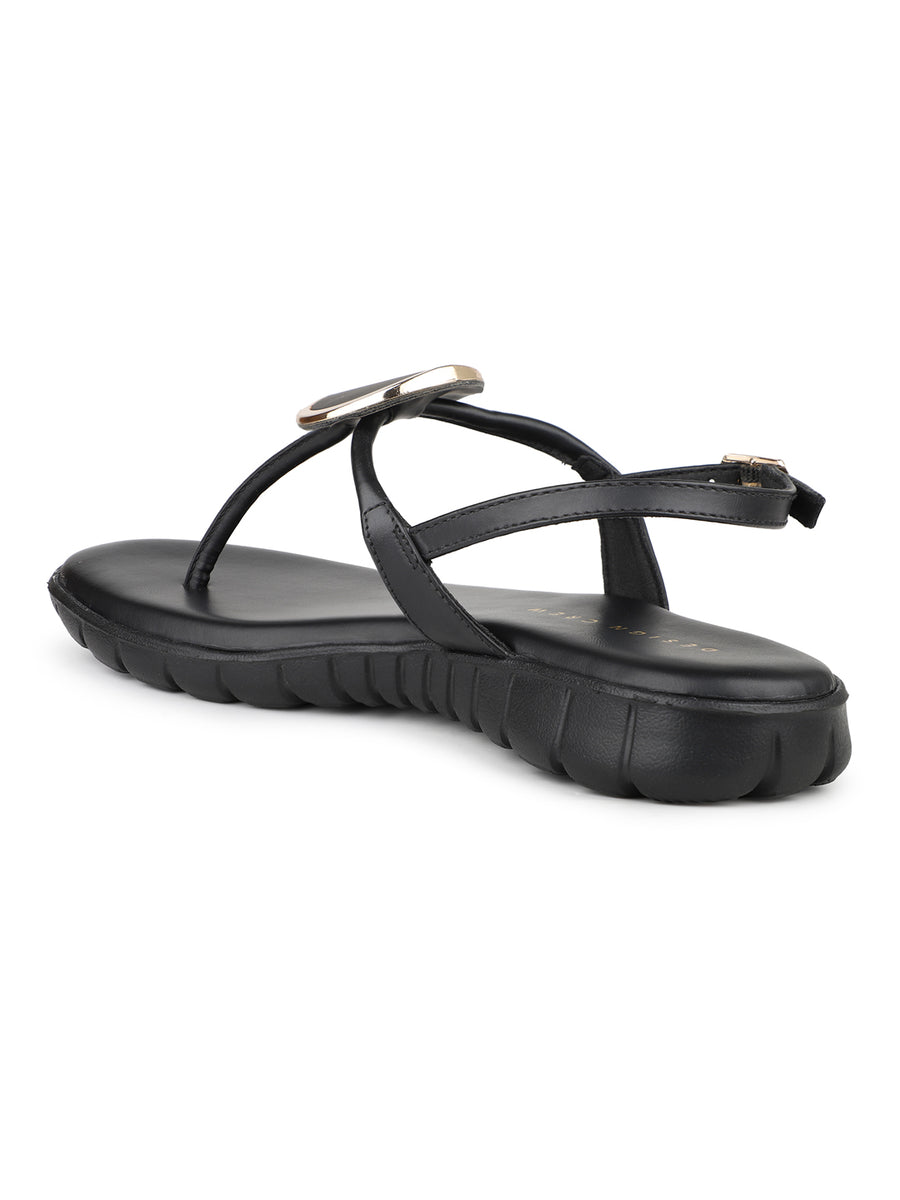 Casual Thong Ankle Strap Sandal With Round Golden Trim