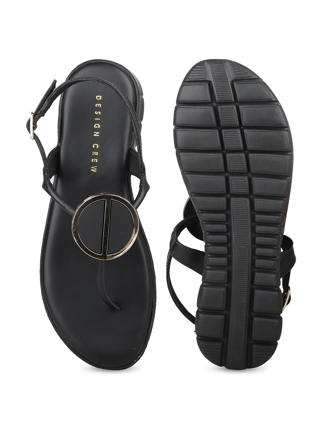 Casual Thong Ankle Strap Sandal With Round Golden Trim