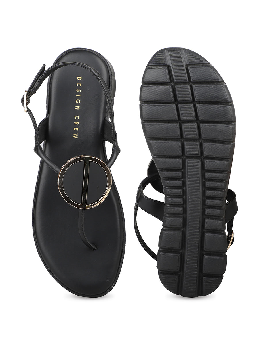 Casual Thong Ankle Strap Sandal With Round Golden Trim