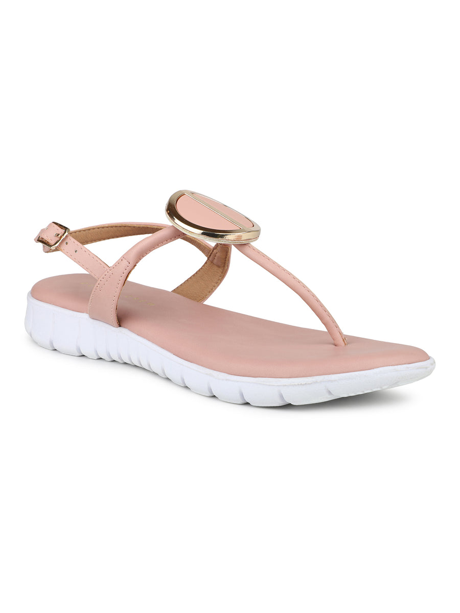 Casual Thong Ankle Strap Sandal With Round Golden Trim