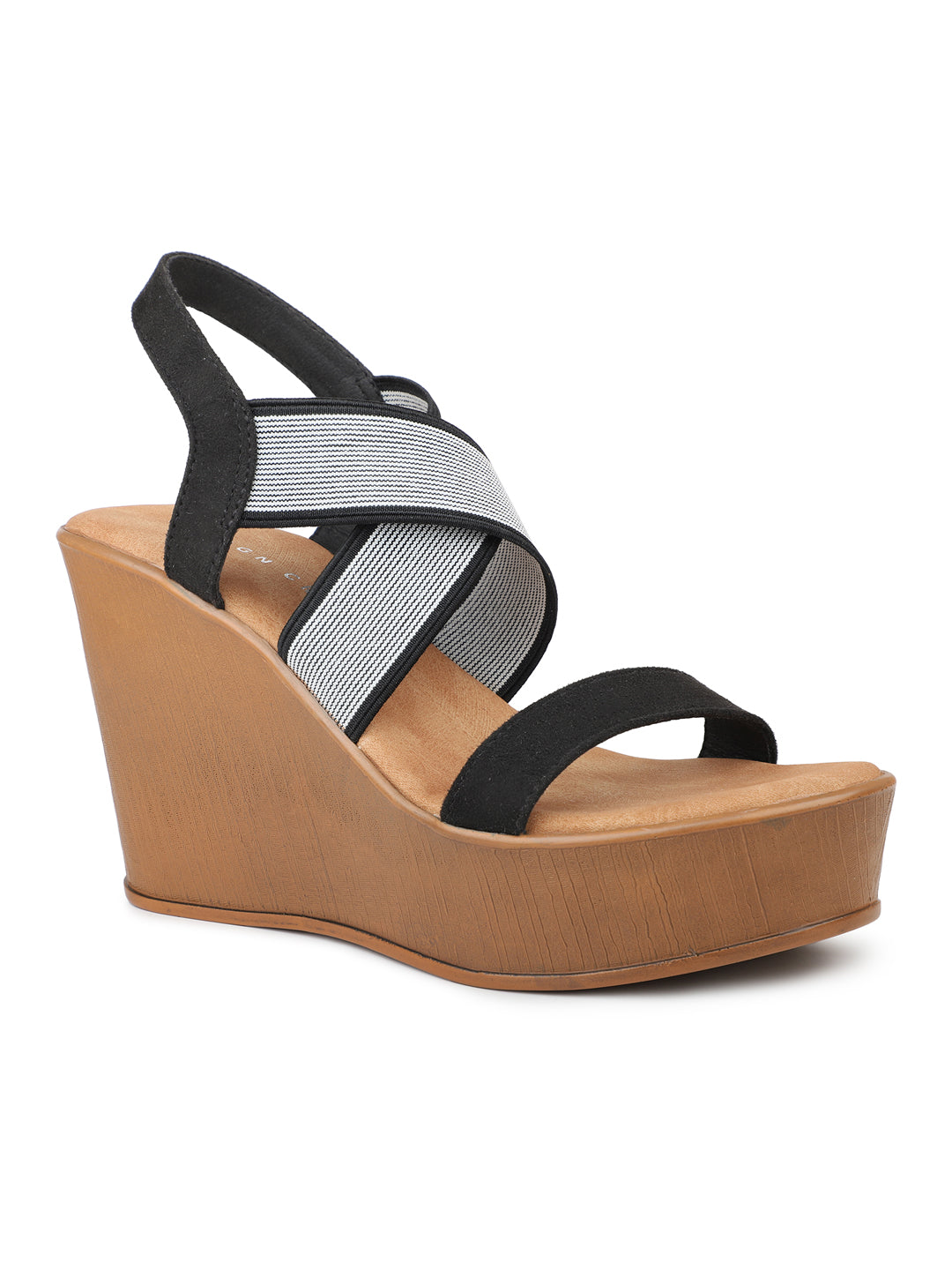 Crisscross Elastic Ankle Strap Sandal on a Platform Heel