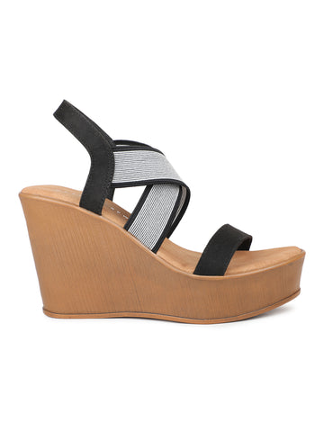 Crisscross Elastic Ankle Strap Sandal on a Platform Heel