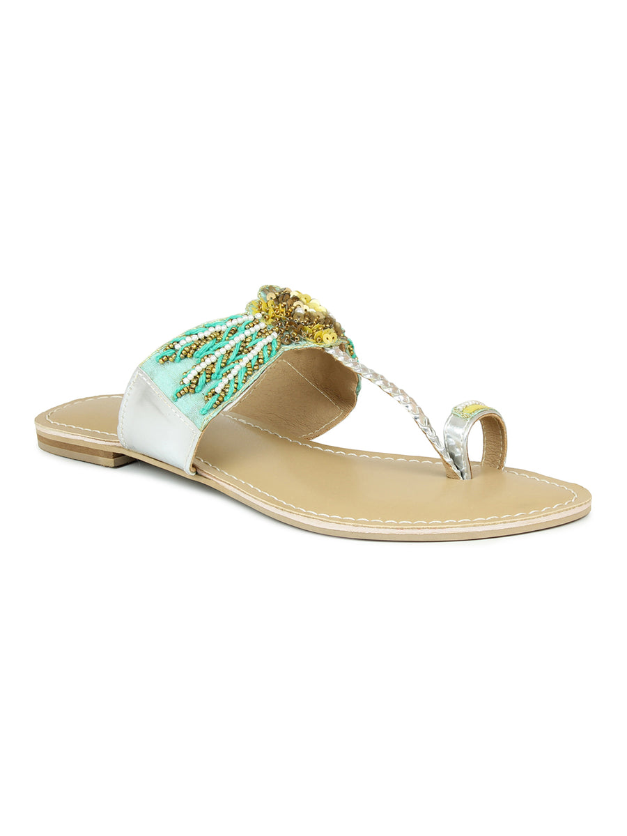 Embroidered Thong Sandal With Glass Beads