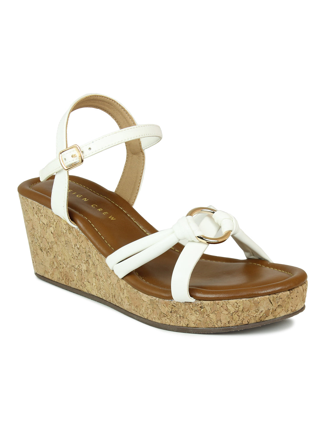 Metal Ring Embellished Ankle Strap Sandal On A Cork Wedge