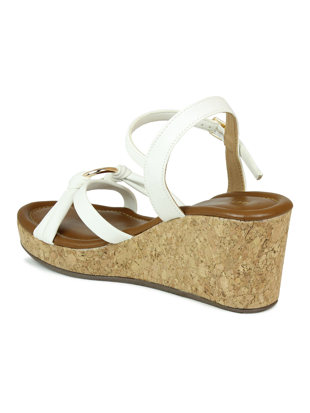 Metal Ring Embellished Ankle Strap Sandal On A Cork Wedge
