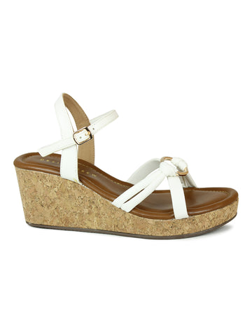 Metal Ring Embellished Ankle Strap Sandal On A Cork Wedge